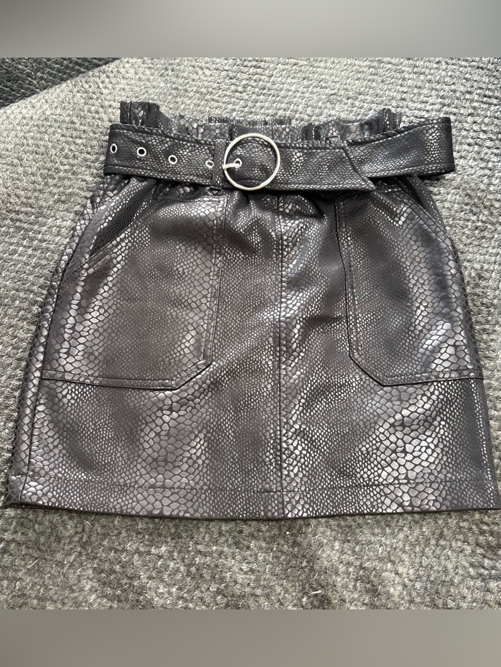 Haute Monde Black Snake-Embossed Faux Leather Mini Skirt with Belt